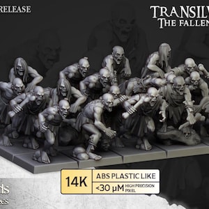 Può includere: Un gruppo di miniature di zombie grigi dalla collezione "Transilvanya: The Fallen Realm". Le figure sono in varie pose, alcune strisciano, altre si lanciano. La base ha il testo "14K ABS PLASTIC LIKE <30 μM HIGH PRECISION PIXEL". È visibile anche il testo "OCTOBER RELEASE".