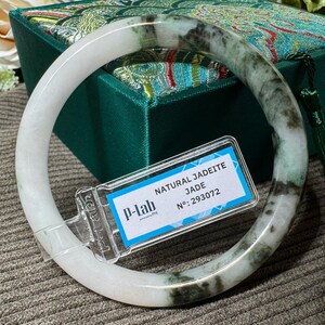 Certified 57mm Natural White Jade Bangle with Moss Green Accent – Genuine Stone Bracelet for Prosperity & Elegance