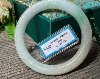 55mm White Jade Feng Shui Bracelet – Certified Elegance with a Gentle Green Glow