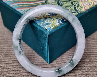 56mm Natural White Jade Bangle with Green Spots - Certified | Special Gift for Her