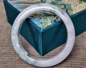 58mm Natural White Jade Bangle with Green Spots - Certified | Special Gift for Her