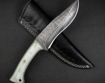 Handgefertigtes Damast Stahl Jagdmesser | G10 Griff, Lederscheide