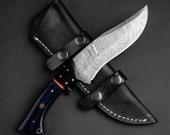 Cuchillo Bowie artesanal de acero de Damasco, funda de cuero, cuchillo de caza y acampada