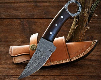 Cuchillo de hoja fija de acero de Damasco hecho a mano de 8 pulgadas, cuchillo de camping al aire libre con espiga completa y funda de cuero, regalo de cuchillo de bushcraft para hombres.