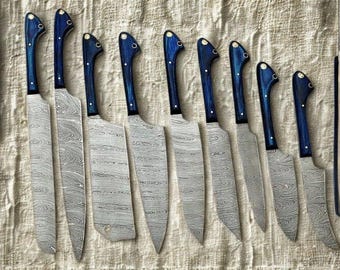 Damascusstalen koksmessenset: blauw pakkahouten handvat, op maat gemaakt (9-delig)