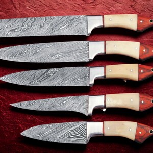 custom handmade Damascus steel knife set , 5 knives, | Chef knife| Japanese set| leather sheath | groomsmen gift