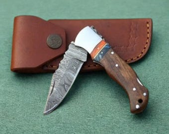 Handmade Damascus Pocket Knife Wood Handle Birthday Gift Folding Knife Groomsmen Gift Anniversary Wedding Personalized Gift for Men