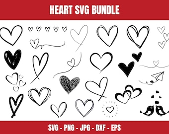 Heart SVG Bundle - Love Hearts Clipart - Hand Drawn Heart Designs - Valentine&#39;s Day SVG - For Cricut, Silhouette - png, jpg, dxf, EPS Files
