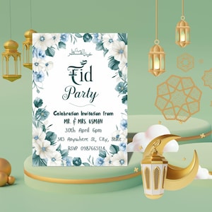 editable eid party invitation template | printable islamic celebration card | floral eid mubarak dinner invite | canva digital design