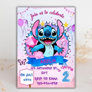 d'invitation de fête d'anniversaire de Stitch | Dessin animé modifiable Bday Evite et design amusant sur toile pour fête d'enfants, téléchargement immédiat.