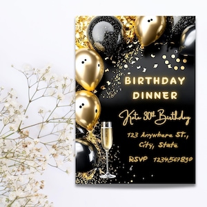 Digital Birthday Dinner Invitation Template, Black Tie Glam Invite, Animated Black Golden Diamond Evite For Men & Women, Editable Card.