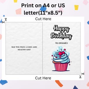 Printable birthday Card, Cupcake Card, watercolor cupcake birthday card, happy birthday card, Digital download birthday card, Digital Card.