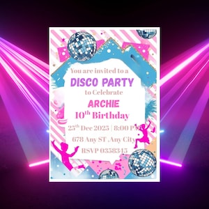 Disco Ball Birthday Invitation Disco Party Invitation Printable Retro Disco Birthday Invite Dancing Queen Pink Bow Disco Ball Invitation.