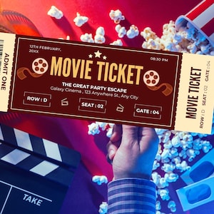 Gutschein Kino,Eintrittskarte Kino, Geschenkgutschein Vorlage, Personalisierter Gutschein zum Ausdrucken, Kinogutschein, Kinoeinladung.