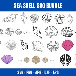 May include: A collection of 25 black and white sea shell SVG designs. The designs include various shapes and sizes of seashells, including scallop shells, conch shells, and oyster shells. The designs are perfect for crafting, scrapbooking, and other creative projects.  SVG - PNG - JPG - DXF - EPS