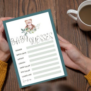Bearbeitbare Baby-Rate-Vorlage, errate den Namen des Babys, errate das Gewicht des Babys, errate das Fälligkeitsdatum des Babys, Babyparty-Spielvorhersagekarten