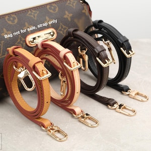 May include: Leather purse straps in tan, brown, and black, with gold-colored hardware. The straps are shown in a variety of colors and styles. The bag in the background is brown with a repeating pattern. The text in the image says "Bag not for sale, strap only."