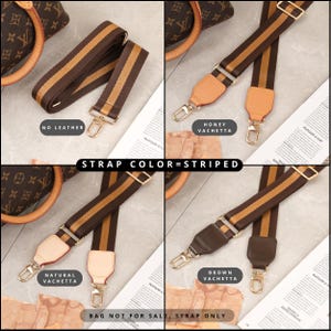 May include: Four striped bag straps in brown and tan, each with gold-coloured clasps. The image displays four variations: "No Leather", "Honey Vachetta", "Natural Vachetta", and "Brown Vachetta". The text "Strap Color = Striped" is also visible.