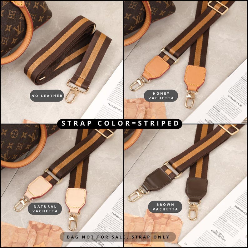 May include: Four striped bag straps in brown and tan, each with gold-coloured clasps. The image displays four variations: "No Leather", "Honey Vachetta", "Natural Vachetta", and "Brown Vachetta". The text "Strap Color = Striped" is also visible.