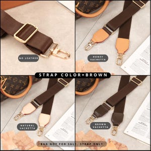 May include: A collage of brown bag straps with gold-tone metal hardware. The straps are labelled "No Leather", "Honey Vachetta", "Natural Vachetta", and "Brown Vachetta". The text "STRAP COLOR=BROWN" and "BAG NOT FOR SALE, STRAP ONLY" are also visible.