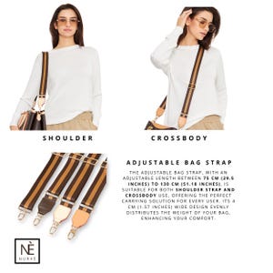May include: Adjustable bag straps with brown and tan stripes. The straps are shown on a shoulder bag and crossbody bag. The adjustable length is between 75 cm to 130 cm. The strap is 4 cm wide.