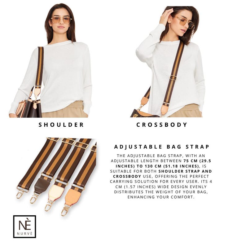 May include: Adjustable bag straps with brown and tan stripes. The straps are shown on a shoulder bag and crossbody bag. The adjustable length is between 75 cm to 130 cm. The strap is 4 cm wide.