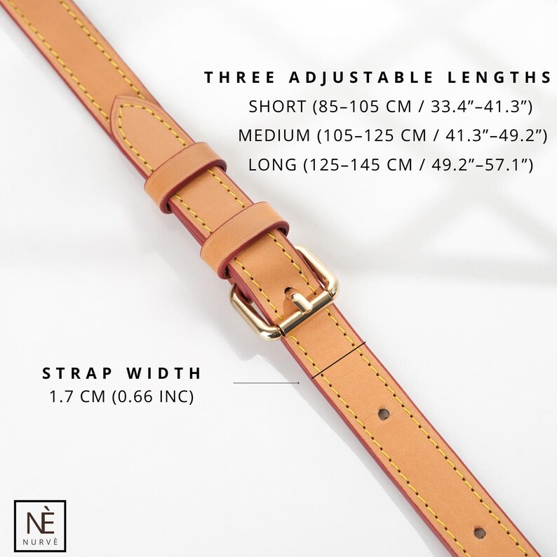Pode incluir: Uma tira de couro bege com costuras amarelas e uma fivela de metal dourado. A tira &eacute; ajust&aacute;vel em tr&ecirc;s comprimentos: curto (85-105 cm), m&eacute;dio (105-125 cm) e longo (125-145 cm). A tira tem 1,7 cm (0,66 polegadas) de largura.