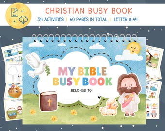 May include: A spiral-bound "My Bible Busy Book" with a watercolor design. The cover features a dove, Jesus, a lamb, and a Bible. The book includes 34 activities and 60 pages. The text reads "Christian Busy Book".