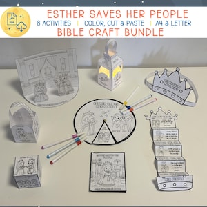 May include: A collection of paper craft activities titled Esther Saves Her People, including a coloring book, a paper lantern, a crown, a spinning wheel, a cube, and a folding story strip, all featuring black and white line art illustrations.