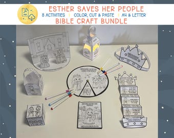 Esther rettet ihre Leute Craft Bundle, Bibelaktivitätspaket für Kinder, christliche Bibelhandwerk, Sonntagsschule, Bibelmalseiten