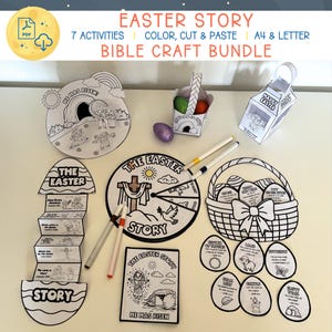 Puede incluir: Un paquete de manualidades bíblicas de la Historia de Pascua con siete actividades. La imagen muestra varias manualidades para recortar y pegar, incluyendo una cesta de Pascua, huevos y una escena con el texto "Ha Resucitado". El paquete incluye tamaños A4 y Carta.