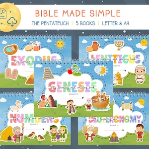 Può includere: Una collezione di cinque libri da colorare rilegati a spirale intitolati "Bible Made Simple: The Pentateuch." Ogni copertina presenta illustrazioni colorate e i nomi dei libri biblici: Esodo, Genesi, Levitico, Numeri e Deuteronomio. I libri sono progettati per l'apprendimento e la colorazione.