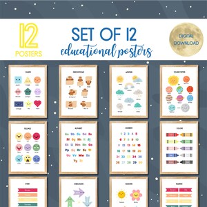 Set of 12 Educational Posters, Prints for Homeschooling, Montessori Classroom Decor, Toddler Playroom Art, Playroom posters