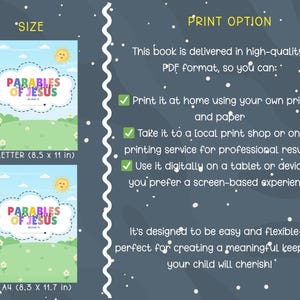 May include: A digital book cover titled "Parables of Jesus" with a colorful design. The cover features a blue sky, green grass, and a smiling sun. Available in Letter (8.5 x 11 in) and A4 (8.3 x 11.7 in) sizes.