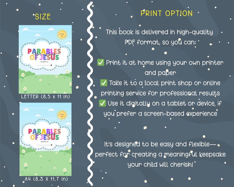 May include: A digital book cover titled "Parables of Jesus" with a colorful design. The cover features a blue sky, green grass, and a smiling sun. Available in Letter (8.5 x 11 in) and A4 (8.3 x 11.7 in) sizes.