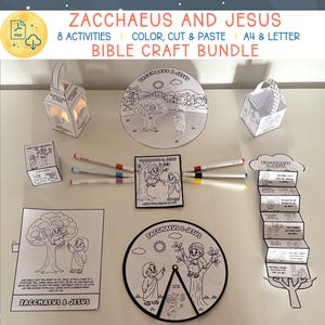 Puede incluir: Un conjunto de actividades de manualidades bíblicas con la historia de Zaqueo y Jesús. Incluye proyectos para colorear, cortar y pegar, con el texto "ZACCHAEUS AND JESUS" y "8 ACTIVITIES | COLOR, CUT & PASTE | A4 & LETTER BIBLE CRAFT BUNDLE".