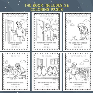 May include: A black and white coloring book with six illustrated pages. The text at the top reads "THE BOOK INCLUDES 26 COLORING PAGES." Each page features a different biblical scene with accompanying text. The illustrations are outlined with black lines.