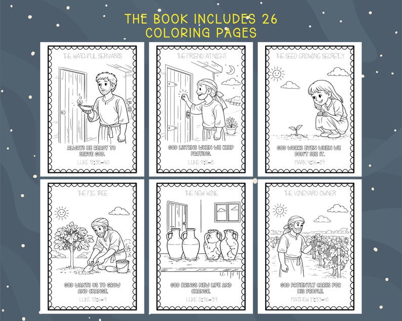 May include: A black and white coloring book with six illustrated pages. The text at the top reads "THE BOOK INCLUDES 26 COLORING PAGES." Each page features a different biblical scene with accompanying text. The illustrations are outlined with black lines.