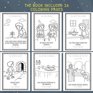 May include: A children's coloring book with six illustrated pages. Each page features a black and white line drawing with text. The text at the top of the image reads "THE BOOK INCLUDES 26 COLORING PAGES."