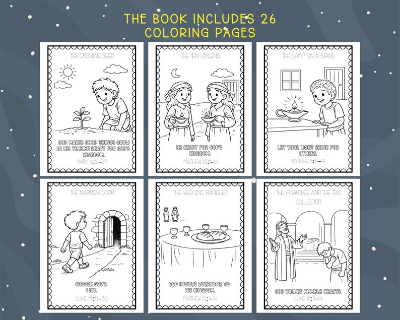 May include: A children's coloring book with six illustrated pages. Each page features a black and white line drawing with text. The text at the top of the image reads "THE BOOK INCLUDES 26 COLORING PAGES."