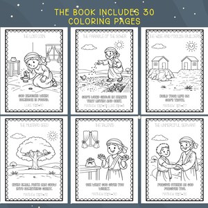 May include: A children's coloring book with six illustrated pages featuring Bible stories. Each page has a black and white drawing with text. The book includes 30 coloring pages. The illustrations depict scenes from the Bible.