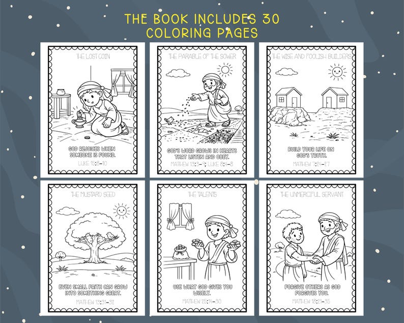 May include: A children's coloring book with six illustrated pages featuring Bible stories. Each page has a black and white drawing with text. The book includes 30 coloring pages. The illustrations depict scenes from the Bible.