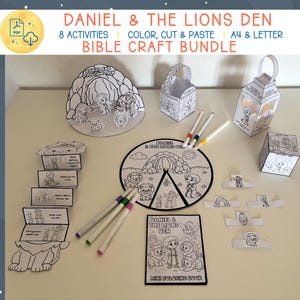 May include: A collection of Bible craft activities, including a coloring book, cut-and-paste projects, and a paper lantern, all featuring the theme of Daniel and the Lions' Den. The set includes markers and various paper crafts.