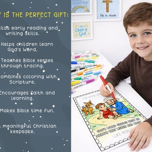 May include: A young boy coloring a Bible-themed illustration with a red marker. The coloring page features a scene from the Bible with the text "GOD'S WORD GROWS BEST IN HEARTS THAT LISTEN AND OBEY" and "LUKE 10:30-37".