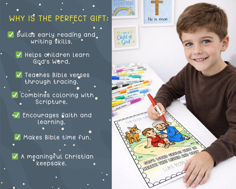 May include: A young boy coloring a Bible-themed illustration with a red marker. The coloring page features a scene from the Bible with the text "GOD'S WORD GROWS BEST IN HEARTS THAT LISTEN AND OBEY" and "LUKE 10:30-37".