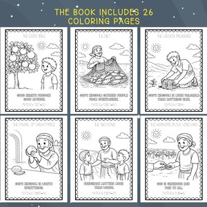 May include: A black and white coloring book with six illustrated pages. Each page features a biblical scene with text. The book includes 26 coloring pages. The illustrations depict various parables and teachings from the Bible.