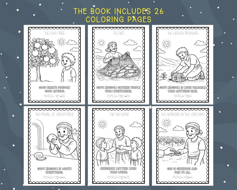 May include: A black and white coloring book with six illustrated pages. Each page features a biblical scene with text. The book includes 26 coloring pages. The illustrations depict various parables and teachings from the Bible.