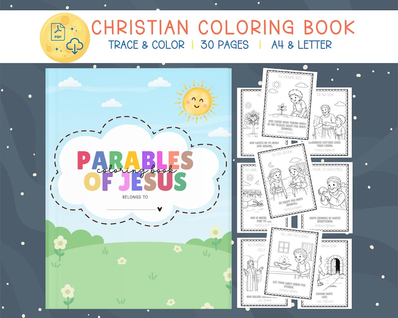 May include: A Christian coloring book with the title "Parables of Jesus" on the cover. The cover features a blue sky, a smiling sun, and a green field. The book includes 30 pages for tracing and coloring.