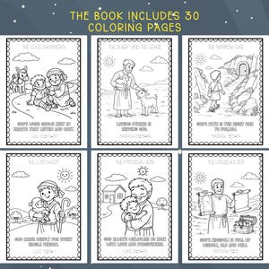 May include: A children's coloring book with six illustrated pages featuring Bible stories. Each page has a black and white drawing with text below. The book includes 30 coloring pages. The illustrations depict scenes from the Bible.