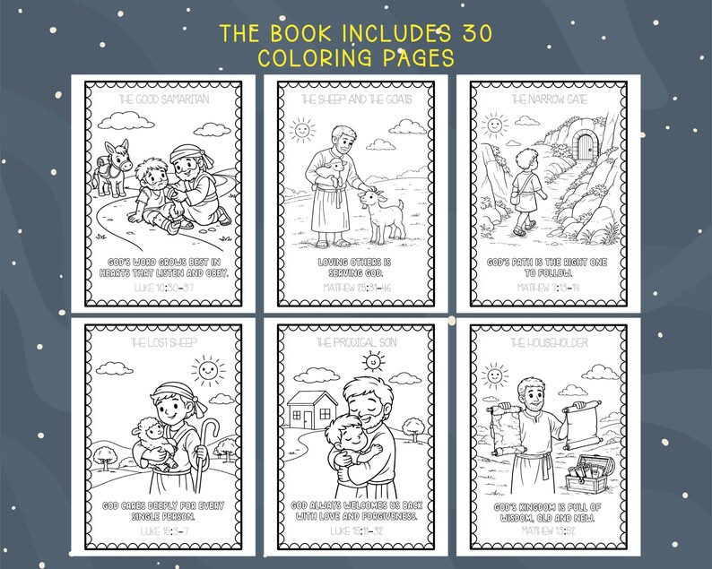 May include: A children's coloring book with six illustrated pages featuring Bible stories. Each page has a black and white drawing with text below. The book includes 30 coloring pages. The illustrations depict scenes from the Bible.